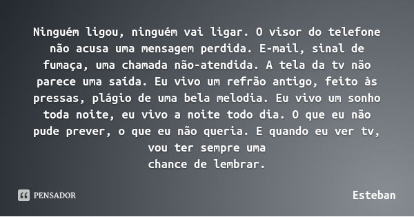 Ninguém ligou, ninguém vai ligar. O visor do telefone não acusa uma mensagem perdida. E-mail, sinal de fumaça, uma chamada não-atendida. A tela da tv não parece... Frase de Esteban.