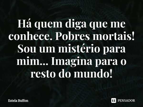 ⁠Há quem diga que me conhece. Pobres mortais! Sou um mistério para mim... Imagina para o resto do mundo!... Frase de Estela Buffon.