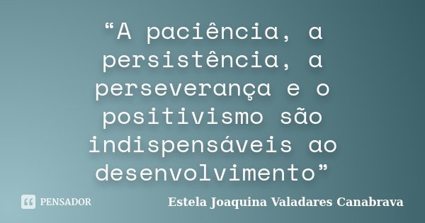 “A paciência, a persistência, a perseverança e o positivismo são indispensáveis ao desenvolvimento”... Frase de Estela Joaquina Valadares Canabrava.
