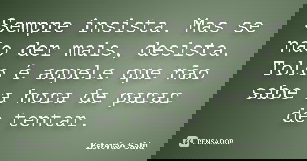 Sempre insista. Mas se não der mais, desista. Tolo é aquele que não sabe a hora de parar de tentar.... Frase de Estêvão Salú.