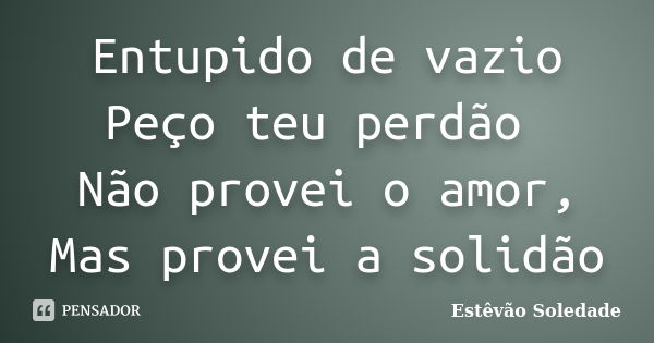 Entupido de vazio Peço teu perdão Não provei o amor, Mas provei a solidão... Frase de Estêvão Soledade.