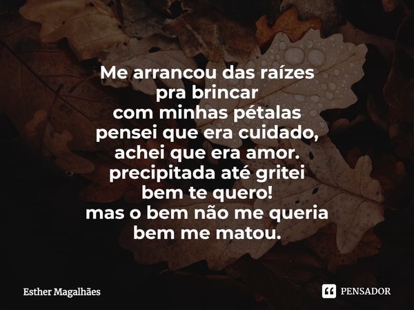 ⁠Me arrancou das raízes
pra brincar
com minhas pétalas
pensei que era cuidado,
achei que era amor.
precipitada até gritei
bem te quero!
mas o bem não me queria
... Frase de Esther Magalhães.