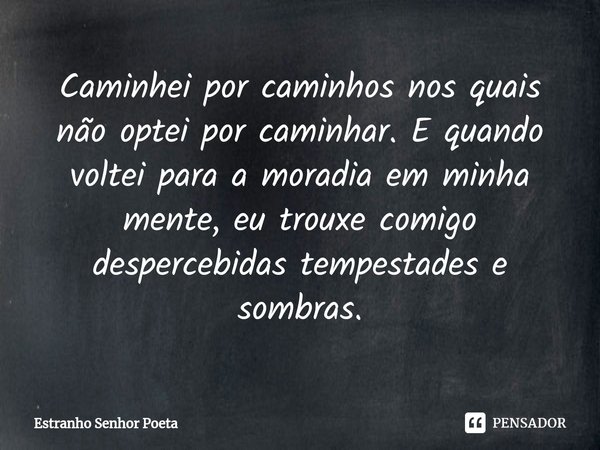 ⁠Caminhei por caminhos nos quais não optei por caminhar. E quando voltei para a moradia em minha mente, eu trouxe comigo despercebidas tempestades e sombras.... Frase de Estranho Senhor Poeta.