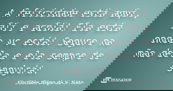 A felicidade está aqui, ali e acolá! Ela está onde vc está! Segure na mão dela e ela sempre te seguirá!... Frase de Euclides Bispo da S. Neto.