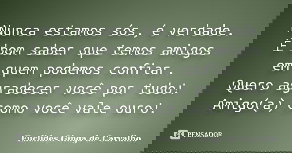 Nunca estamos sós, é verdade. É bom saber que temos amigos em quem podemos confiar. Quero agradecer você por tudo! Amigo(a) como você vale ouro!... Frase de Euclides Ginga De Carvalho.