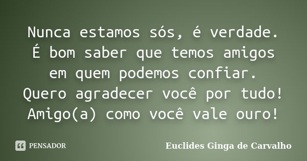 Nunca estamos sós, é verdade. É bom saber que temos amigos em quem podemos confiar. Quero agradecer você por tudo! Amigo(a) como você vale ouro!... Frase de Euclides Ginga De Carvalho.