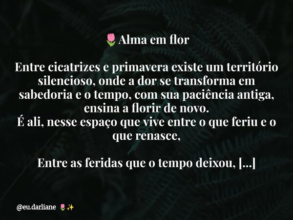 đ·Alma em flor Entre cicatrizes e primavera existe um territĂłrio silencioso, onde a dor se transforma em sabedoria e o tempo, com sua paciĂȘncia antiga, ensina a ... Frase de eu.darliane.