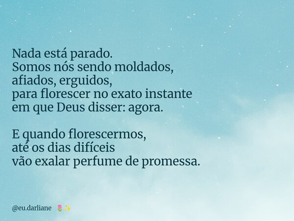 Nada está parado. Somos nós sendo moldados, afiados, erguidos, para florescer no exato instante em que Deus disser: agora. E quando florescermos, até os dias di... Frase de eu.darliane.