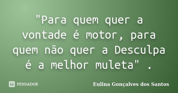 "Para quem quer a vontade é motor, para quem não quer a Desculpa é a melhor muleta" .... Frase de Eulina Gonçalves dos Santos.
