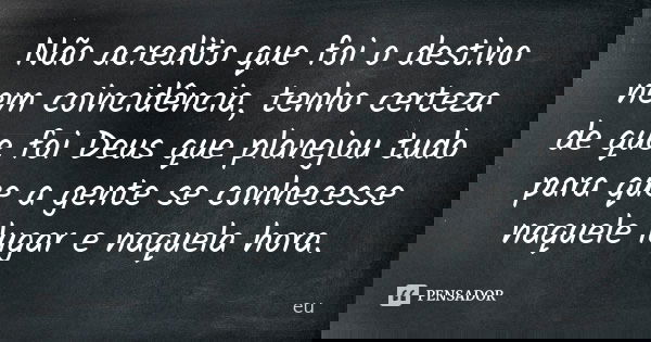 Não acredito que foi o destino nem coincidência, tenho certeza de que foi Deus que planejou tudo para que a gente se conhecesse naquele lugar e naquela hora.... Frase de Eu.
