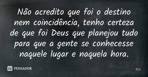 Não acredito que foi o destino nem coincidência, tenho certeza de que foi Deus que planejou tudo para que a gente se conhecesse naquele lugar e naquela hora.... Frase de Eu.