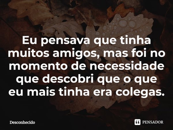 ⁠Eu pensava que tinha muitos amigos, mas foi no momento de necessidade que descobri que o que eu mais tinha era colegas.