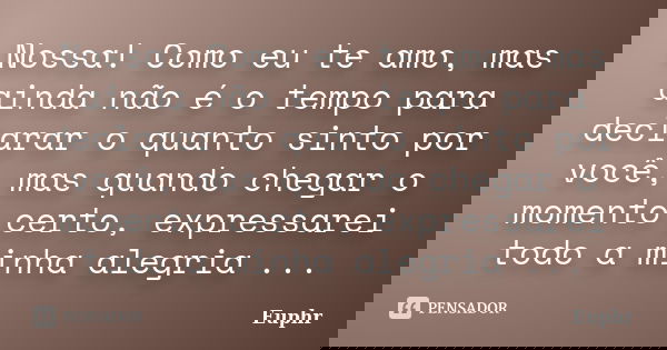 Nossa! Como eu te amo, mas ainda não é o tempo para declarar o quanto sinto por você, mas quando chegar o momento certo, expressarei todo a minha alegria ...... Frase de Euphr.