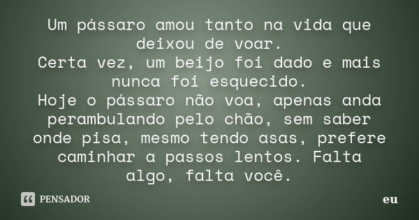 Um pássaro amou tanto na vida que deixou de voar. Certa vez, um beijo foi dado e mais nunca foi esquecido. Hoje o pássaro não voa, apenas anda perambulando pelo... Frase de Eu..