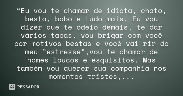 “Eu vou te chamar de idiota, chato, besta, bobo e tudo mais. Eu vou dizer que te odeio demais, te dar vários tapas, vou brigar com você por motivos bestas e voc... Frase de Autor Desconhecido.