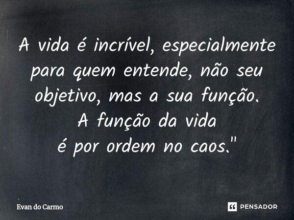 A vida é incrível, especialmente para quem entende, não seu objetivo, mas a sua função. A função da vida é por ordem no caos."... Frase de Evan do carmo.