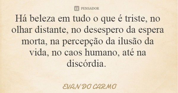 Há beleza em tudo o que é triste, no olhar distante, no desespero da espera morta, na percepção da ilusão da vida, no caos humano, até na discórdia.... Frase de EVAN DO CARMO.