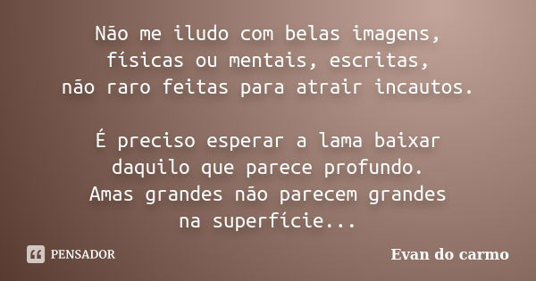 Não me iludo com belas imagens, físicas ou mentais, escritas, não raro feitas para atrair incautos. É preciso esperar a lama baixar daquilo que parece profundo.... Frase de Evan do Carmo.