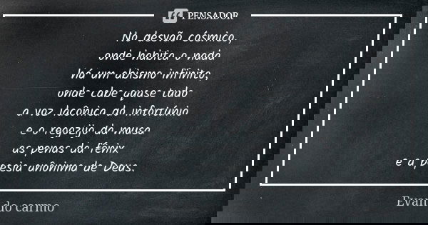 No desvão cósmico, onde habita o nada há um abismo infinito, onde cabe quase tudo a voz lacônica do infortúnio e o regozijo da musa as penas da fênix e a poesia... Frase de EVAN DO CARMO.