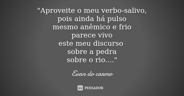 "Aproveite o meu verbo-salivo, pois ainda há pulso mesmo anêmico e frio parece vivo este meu discurso sobre a pedra sobre o rio...."... Frase de Evan do Carmo.