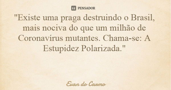 "Existe uma praga destruindo o Brasil, mais nociva do que um milhão de Coronavírus mutantes. Chama-se: A Estupidez Polarizada."... Frase de Evan do Carmo.