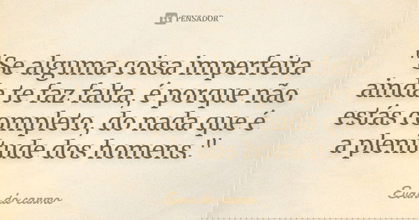 "Se alguma coisa imperfeita ainda te faz falta, é porque não estás completo, do nada que é a plenitude dos homens."... Frase de Evan do Carmo.
