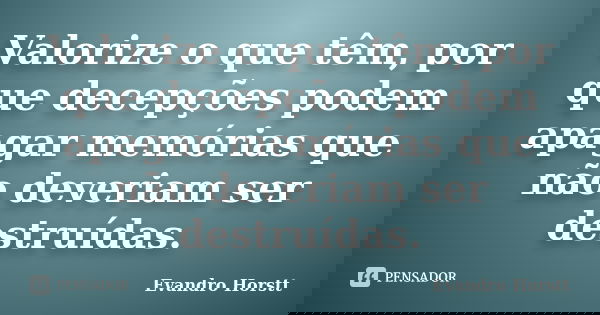 Valorize o que têm, por que decepções podem apagar memórias que não deveriam ser destruídas.... Frase de Evandro Horstt.