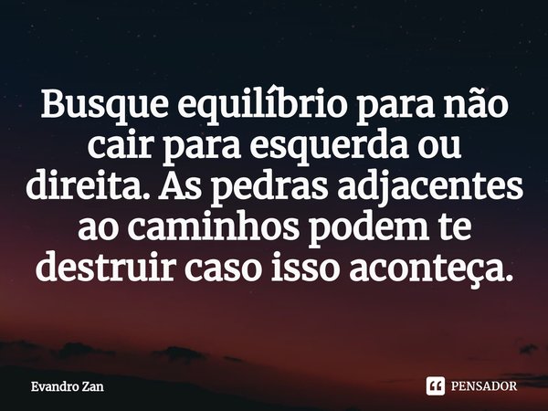 ⁠Busque equilíbrio para não cair para esquerda ou direita. As pedras adjacentes ao caminhos podem te destruir caso isso aconteça.... Frase de Evandro Zan.