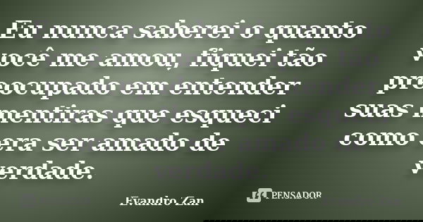 Eu nunca saberei o quanto você me amou, fiquei tão preocupado em entender suas mentiras que esqueci como era ser amado de verdade.... Frase de Evandro Zan.