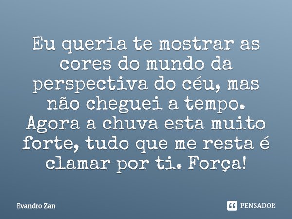⁠Eu queria te mostrar as cores do mundo da perspectiva do céu, mas não cheguei a tempo. Agora a chuva esta muito forte, tudo que me resta é clamar por ti. Força... Frase de Evandro Zan.