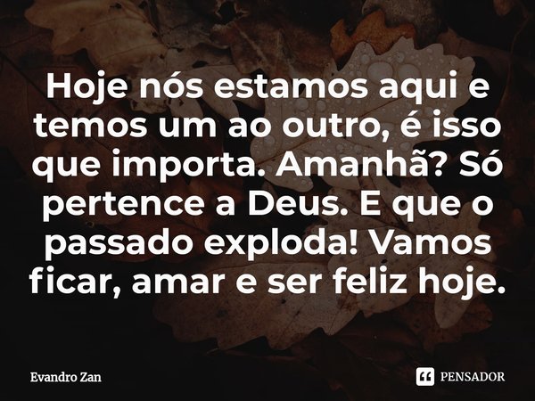 Hoje nós estamos aqui e temos um ao outro, é isso que importa. Amanhã? Só pertence a Deus. E que o passado exploda! Vamos ficar, amar e ser feliz hoje.... Frase de Evandro Zan.