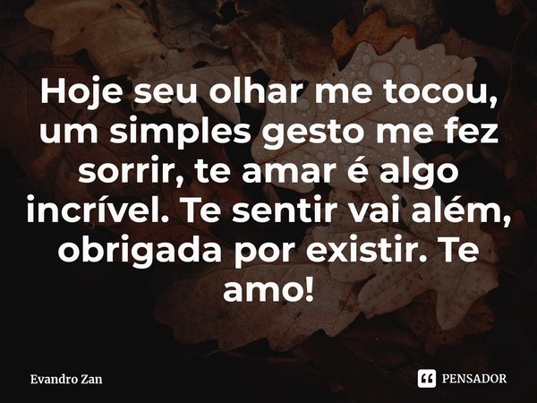 Hoje seu olhar me tocou, um simples gesto me fez sorrir, te amar é algo incrível. Te sentir vai além, obrigada por existir.⁠ Te amo!... Frase de Evandro Zan.