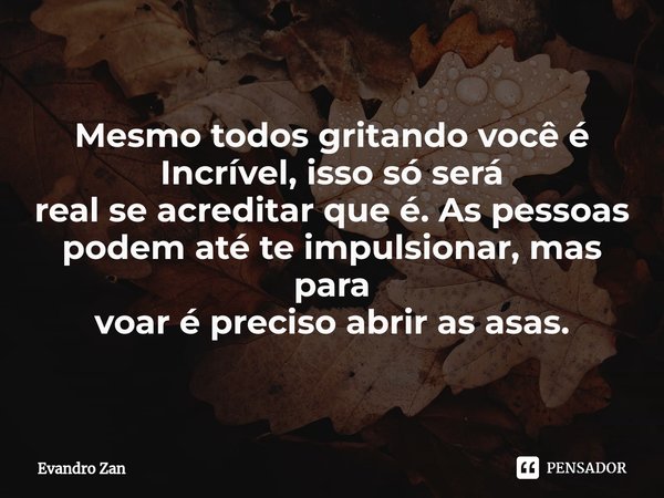 ⁠Mesmo todos gritando você é
Incrível, isso só será
real se acreditar que é. As pessoas
podem até te impulsionar, mas para
voar é preciso abrir as asas.... Frase de Evandro Zan.