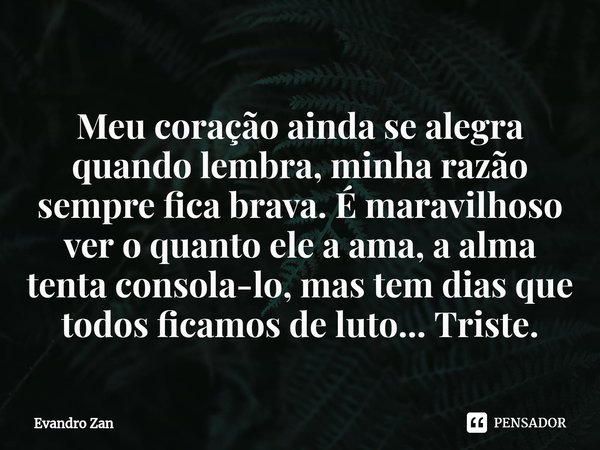 ⁠Meu coração ainda se alegra quando lembra, minha razão sempre fica brava. É maravilhoso ver o quanto ele a ama, a alma tenta consola-lo, mas tem dias que todos... Frase de Evandro Zan.