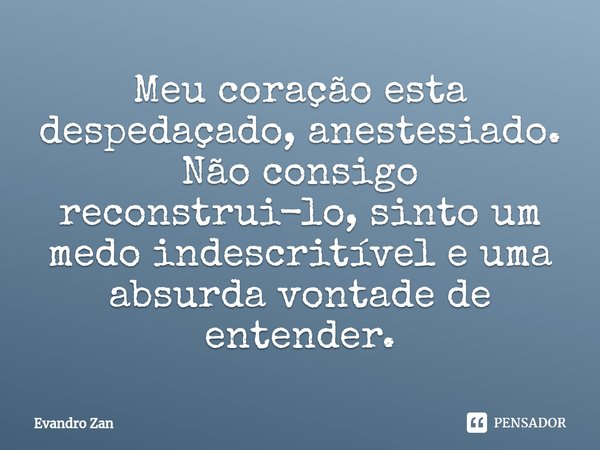 ⁠Meu coração esta despedaçado, anestesiado. Não consigo reconstrui-lo, sinto um medo indescritível e uma absurda vontade de entender.... Frase de Evandro Zan.