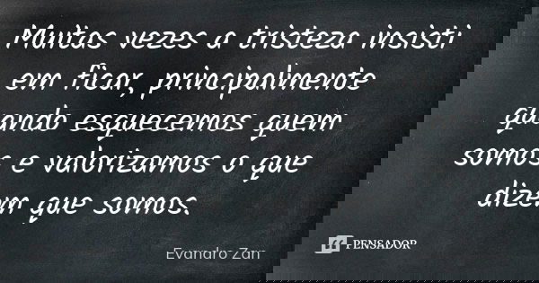 Muitas vezes a tristeza insisti em ficar, principalmente quando esquecemos quem somos e valorizamos o que dizem que somos.... Frase de Evandro Zan.