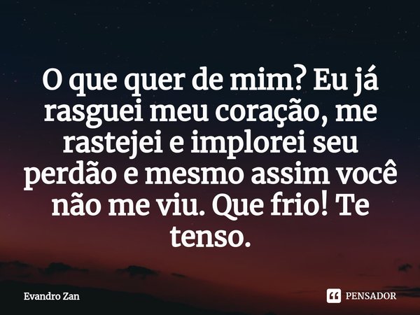 ⁠O que quer de mim? Eu já rasguei meu coração, me rastejei e implorei seu perdão e mesmo assim você não me viu. Que frio! Te tenso.... Frase de Evandro Zan.