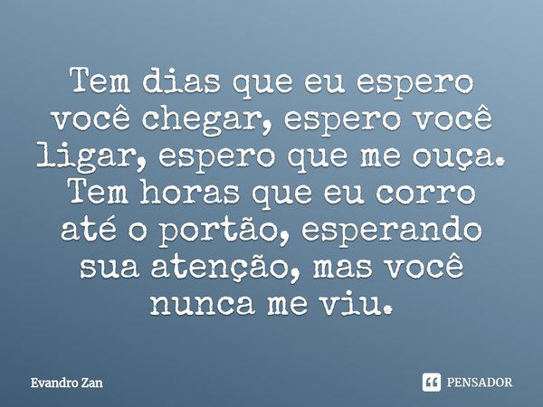 ⁠Tem dias que eu espero você chegar, espero você ligar, espero que me ouça. Tem horas que eu corro até o portão, esperando sua atenção, mas você nunca me viu.... Frase de Evandro Zan.