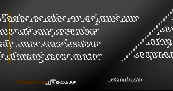 Todos os dias eu só quis um pouco da sua preciosa atenção, mas você estava ocupada demais para notar.... Frase de Evandro Zan.