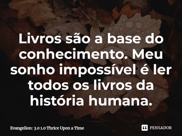 ⁠Livros são a base do conhecimento. Meu sonho impossível é ler todos os livros da história humana.... Frase de Evangelion: 3.0 1.0 Thrice Upon a Time.