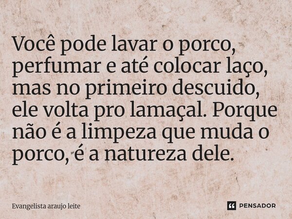 ⁠Você pode lavar o porco, perfumar e até colocar laço, mas no primeiro descuido, ele volta pro lamaçal. Porque não é a limpeza que muda o porco, é a natureza de... Frase de Evangelista araujo leite.