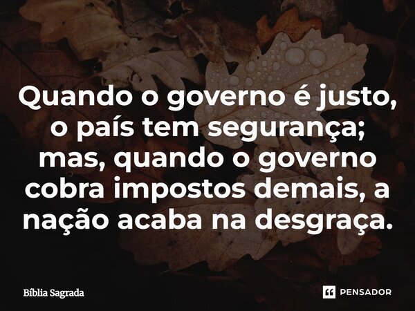 Quando o governo é justo, o país tem segurança; mas, quando o governo cobra impostos demais, a nação acaba na desgraça.... Frase de Bíblia Sagrada.