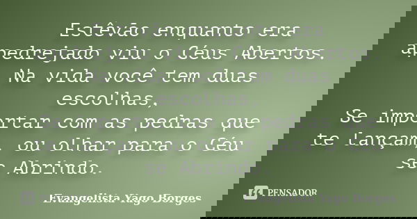 Estêvão enquanto era apedrejado viu o Céus Abertos. Na vida você tem duas escolhas, Se importar com as pedras que te lançam, ou olhar para o Céu se Abrindo.... Frase de Evangelista Yago Borges.