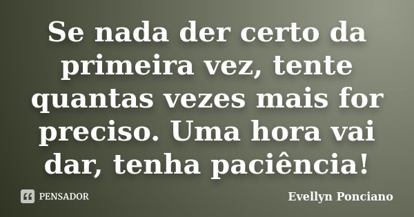 Se nada der certo da primeira vez, tente quantas vezes mais for preciso. Uma hora vai dar, tenha paciência!... Frase de Evellyn Ponciano.