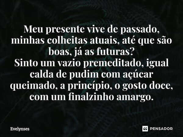 ⁠Meu presente vive de passado, minhas colheitas atuais, até que são boas, já as futuras? Sinto um vazio premeditado, igual calda de pudim com açúcar queimado, a... Frase de EvelynSes.