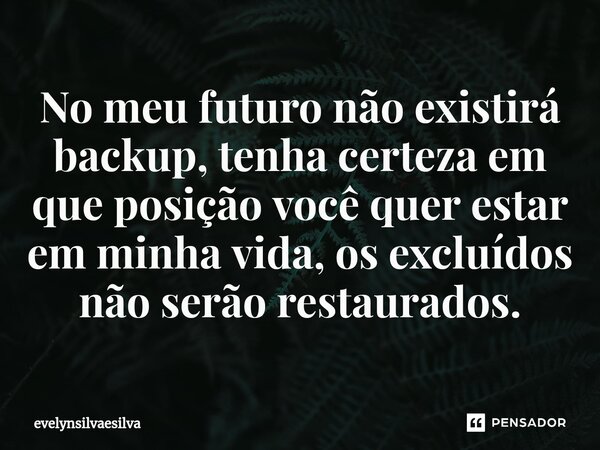 ⁠No meu futuro não existirá backup, tenha certeza em que posição você quer estar em minha vida, os excluídos não serão restaurados.... Frase de evelynsilvaesilva.