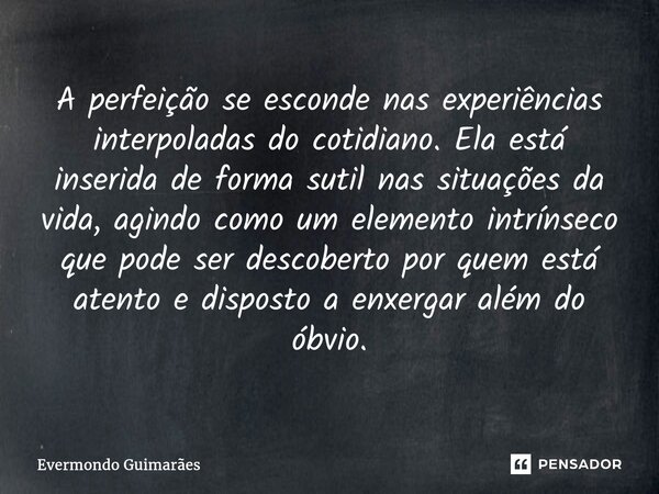 ⁠A perfeição se esconde nas experiências interpoladas do cotidiano. Ela está inserida de forma sutil nas situações da vida, agindo como um elemento intrínseco q... Frase de Evermondo Guimarães.