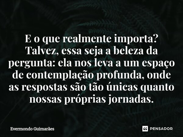 E o que realmente importa? ⁠Talvez, essa seja a beleza da pergunta: ela nos leva a um espaço de contemplação profunda, onde as respostas são tão únicas quanto n... Frase de Evermondo Guimarães.