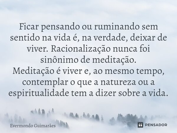 ⁠Ficar pensando ou ruminando sem sentido na vida é, na verdade, deixar de viver. Racionalização nunca foi sinônimo de meditação. Meditação é viver e, ao mesmo t... Frase de Evermondo Guimarães.