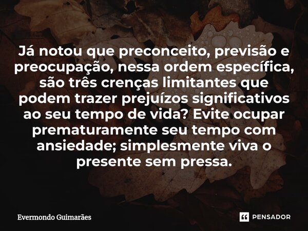 ⁠Já notou que preconceito, previsão e preocupação, nessa ordem específica, são três crenças limitantes que podem trazer prejuízos significativos ao seu tempo de... Frase de Evermondo Guimarães.